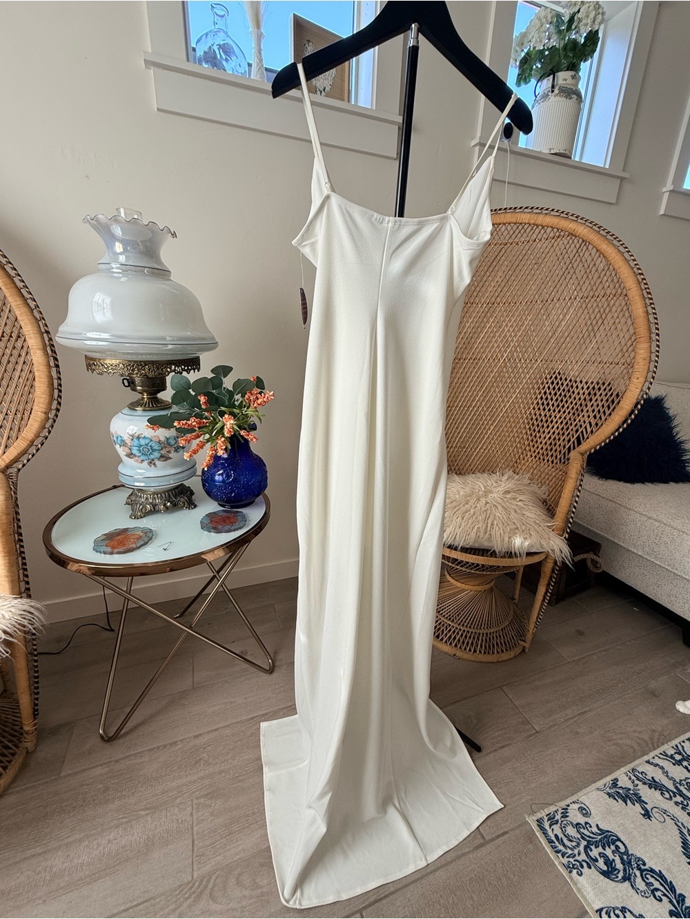 Elegant White Spaghetti‑Strap Draped formal Dress - Picture 4 of 7